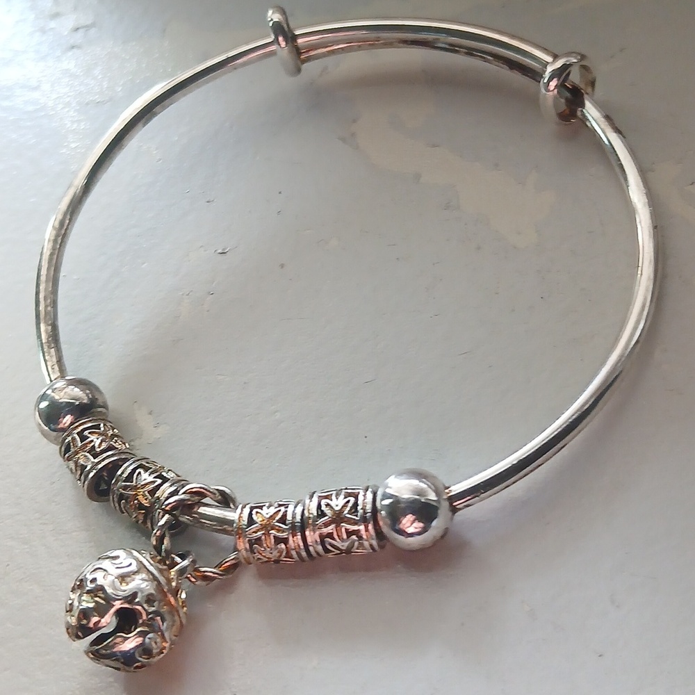 999 Silver Adjustable Bangle With Ornate Charms 19.5 Grams
